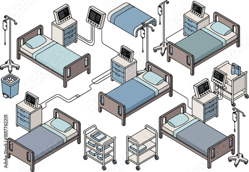Isometric Hospital Beds with Medical Equipment Illustration