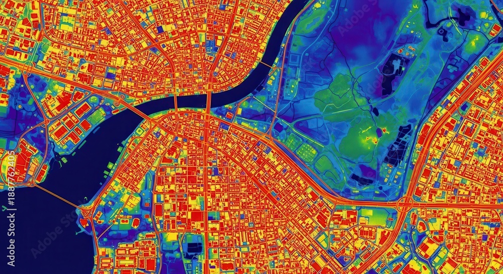 Obraz premium Aerial view of a city with a river and surrounding landscape, rendered with a heat map color scheme showing urban density or environmental data.