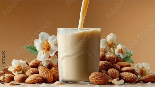 Wallpaper Mural Wholesome, fresh dairy-free alternative milk stream filling a glass, surrounded by raw almonds and delicate white blossoms, highlighting a nutritious plant-based beverage option Torontodigital.ca