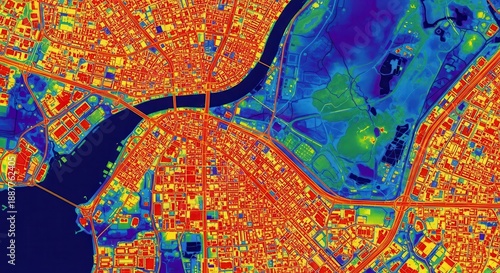 Aerial view of a city with a river and surrounding landscape, rendered with a heat map color scheme showing urban density or environmental data.