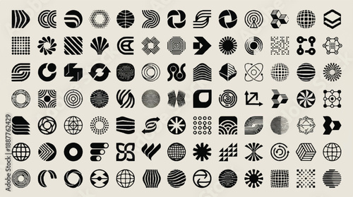 A collection of abstract geometric symbols arranged in a grid format. These symbols consist of various shapes like circles, squares, triangles, and waves, each with unique patterns and designs.