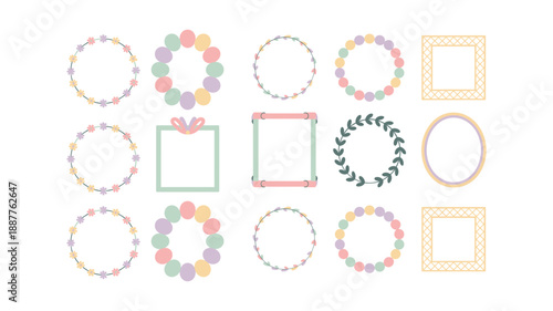 Polka dot frame collection, colorful circle wreaths, square badge borders, kids party invite, baby shower, scrapbook decoration elements, playful vector