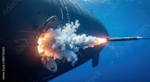 A powerful underwater launch of a missile from a submarine, showing a fiery explosion and smoke as it exits the torpedo tube.