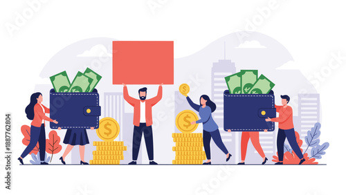 Group of diverse people managing financial wealth by holding large wallets filled with cash and standing among stacks of coins.