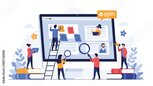 Creative team members collaborating on a large digital screen to develop a website layout and user interface design for their project.