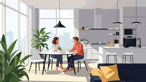Young couple sitting at a dining table in a bright modern kitchen and sharing a conversation during their morning routine at home.