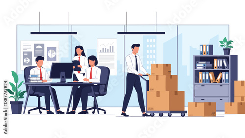 Professional office staff working together at desks while a colleague moves cardboard boxes for relocation or delivery.