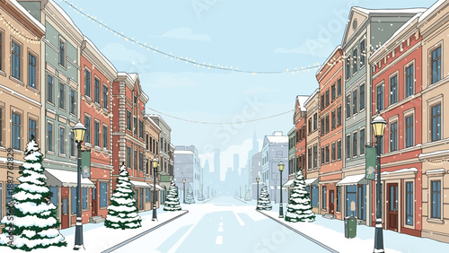 Beautiful winter street scene in a European town covered in white snow with decorated Christmas trees and festive lights along the buildings.