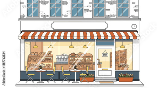 Charming street view of a local bakery shop with a striped awning and outdoor tables ready for customers to enjoy fresh pastries.