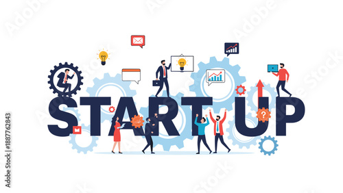 Creative team of entrepreneurs working together around a large startup sign to build their new business venture and innovative brand.