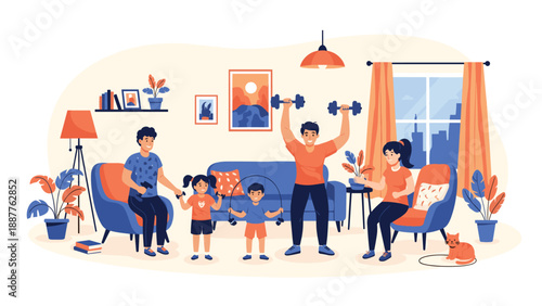 Healthy family engaging in various fitness activities and exercises together in their cozy living room to stay active and fit at home.