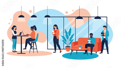 Diverse professionals working independently on laptops and tablets in a vibrant and comfortable modern coworking space or library.