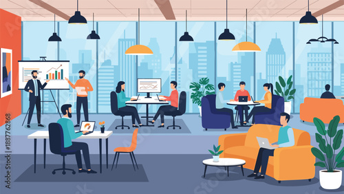 Diverse team of professionals working and relaxing in a spacious modern office lounge with large windows overlooking a city skyline.