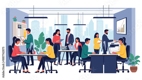 Productive group of employees working at their desks and collaborating on tasks in a busy and modern corporate office environment.