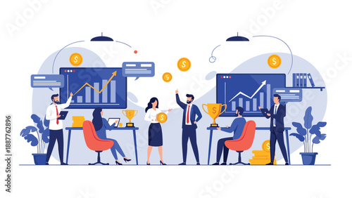 Successful business team celebrating their financial achievements and profits with golden coins and trophies in a modern corporate office.