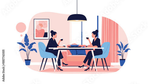 Two female friends enjoying a conversation over coffee while sitting at a dining table in a cozy modern apartment.