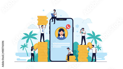 Digital support concept featuring business people working around a giant smartphone with a customer service representative.