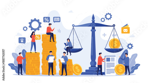 Business professionals managing financial balance and growth around a large legal scale with gold coins and gears.