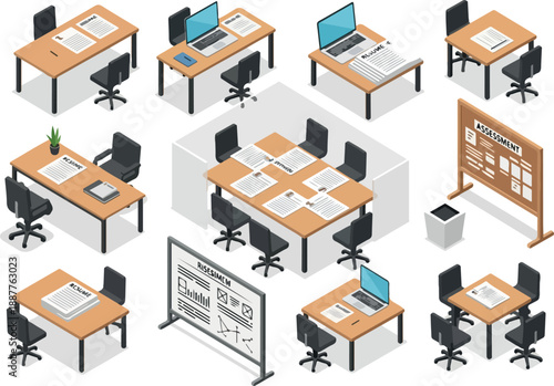 Isometric Office Workspace Scene Desks, Chairs, and Meeting Room Setup