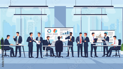 Diverse corporate team of businessmen and women collaborating in a spacious modern office with city views and data charts.