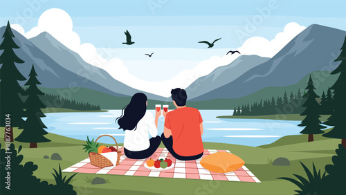 Romantic couple enjoying a picnic by a serene mountain lake with a beautiful view of hills and forests in the summer.