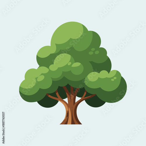 Stylized cartoon green tree with thick trunk and bushy leaves, vector illustration of nature and outdoor scenery