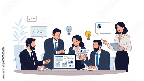 Corporate team discussing financial data and project strategy around a laptop and reports in a modern office meeting.