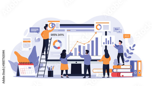 Team of analysts working together to monitor data and business growth on a massive computer monitor in an office.