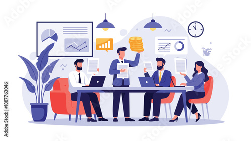 Corporate executives holding documents and a stack of coins while discussing financial goals in a modern office meeting.