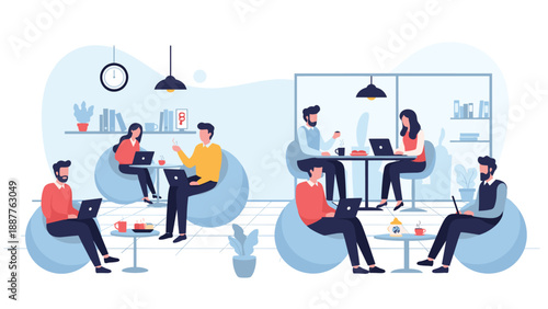 Professionals working and collaborating in a modern coworking space with comfortable bean bags and shared office facilities.