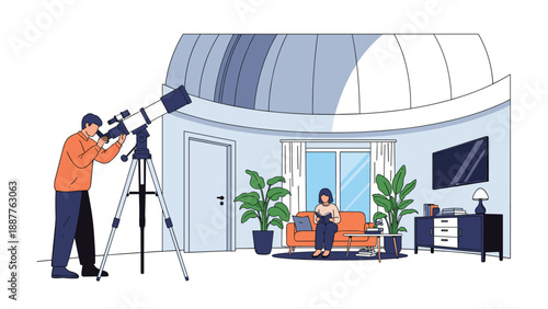 Man using a professional telescope to observe stars while another person works on a laptop in a modern observatory room.