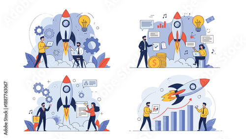 Collection of business startup concepts showing rockets taking off with diverse professional teams and growth symbols.