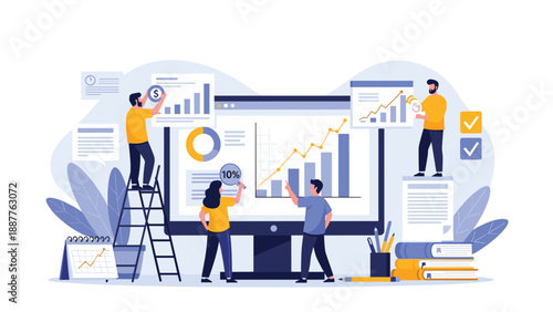 Team of business analysts collaborating on data research and project strategy using a large computer monitor in an office.