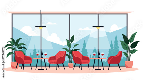 Elegant modern restaurant interior with red armchairs and large windows offering a breathtaking view of snowy mountains.