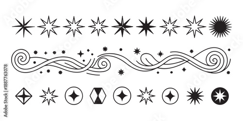 Extensive set of consistent 8-point solid black star shapes, uniformly arranged on white background