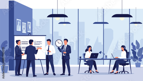 Professional business team conducting a strategy meeting and data presentation in a modern office with large city windows.