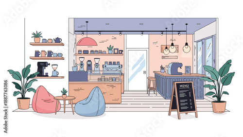 Cozy and modern cafe interior with a professional coffee bar, comfortable seating area, and minimalist home decor style.