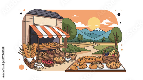 Traditional bakery shop stall filled with fresh bread and pastries set against a beautiful rural mountain landscape at sunset.