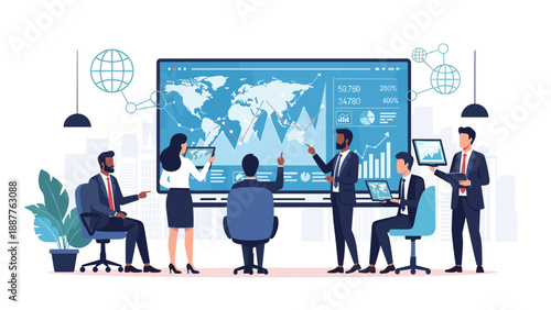 Corporate team analyzing global market trends and financial data on a large interactive world map screen in an office.