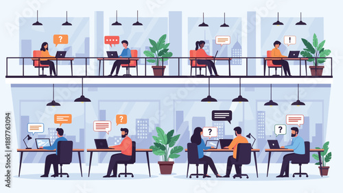 Multi-level office building showing employees working at their desks and communicating in a modern corporate environment.