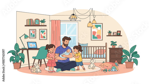 Father spending quality time with his three children in a cozy nursery room filled with toys and modern furniture.
