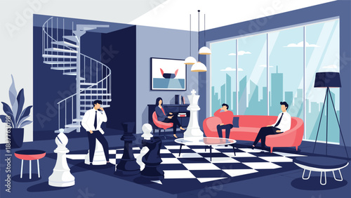 Modern living room interior featuring unique decor with giant chess pieces and people relaxing in a stylish apartment.