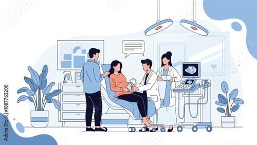 Medical professional performing an ultrasound scan for a pregnant woman in a modern clinical examination room.