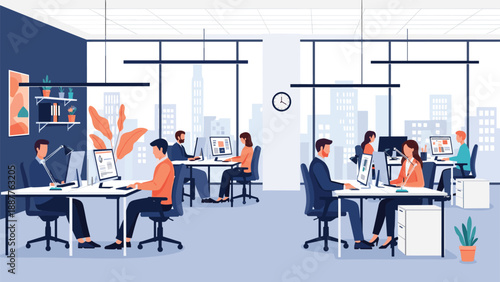 Large corporate office workspace with diverse employees working at desks on computers with a city view background.