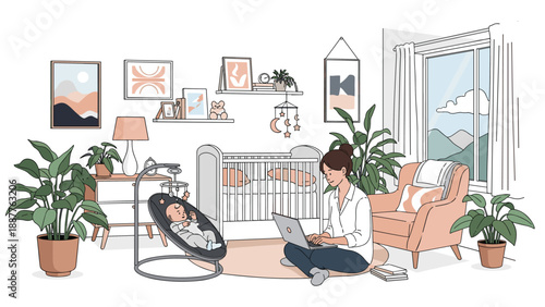 Young mother working on a laptop from home in a nursery room while her small baby rests in a comfortable bouncer.