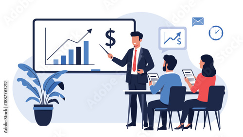 Business leader giving a financial presentation to colleagues using charts and a large whiteboard in a meeting.