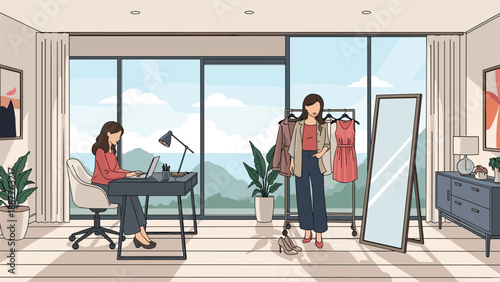 Young female entrepreneur working on her fashion business from a modern home studio with clothes rack and mirror.