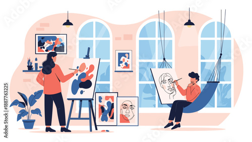 Creative artists working in a bright art studio painting on canvases and drawing portraits in a relaxed setting.