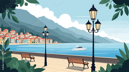 Scenic waterfront promenade in a Mediterranean coastal town with mountains boats and benches under street lamps.