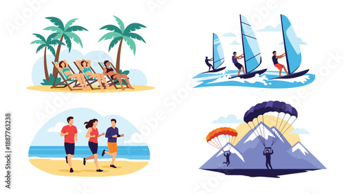 Set of summer vacation activities showing diverse people relaxing on a beach windsurfing running and paragliding.